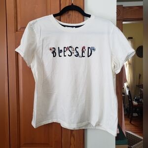 Women's Cream Graphic Floral Embroidered BLESSED Tee XL